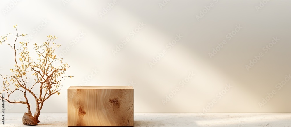 Aufkleber wooden cube podium with branches on light background, ideal for front view showcase with copy space 