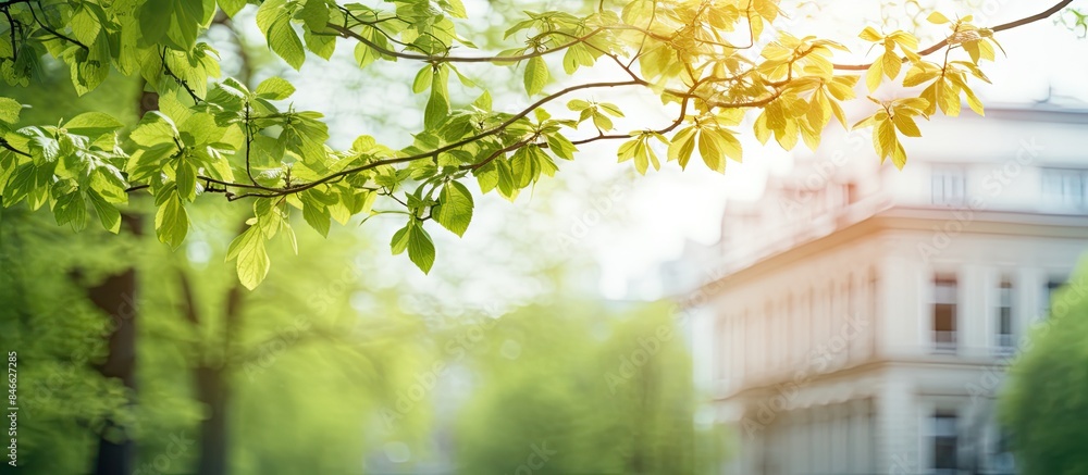 Aufkleber in spring, fresh green leaves on branches with a blurred building in the background for a copy space