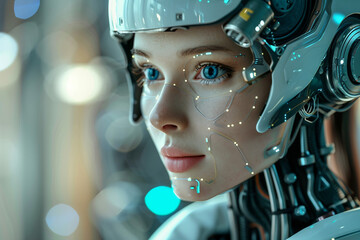 Fototapeta premium Generative AI creative picture Robot cyborg in activities of daily life house duties living together with people