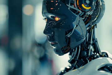 Fototapeta premium Generative AI creative picture Robot cyborg in activities of daily life routine living together with people