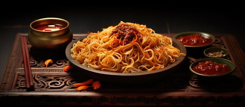 Wishing a festive Eid Mubarak! A unique and artistic photo of noodles with schezwan chutney, perfect for branding, ads, brochures, and billboards with copy space image available.