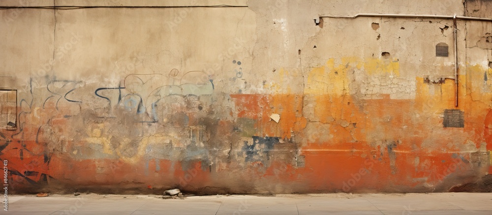 Poster old wall adorned with street art graffiti. textured background in warm tones with copy space image.