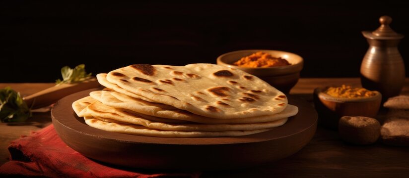Chapati, bread, and roti arranged on a wooden table, creating an appealing display with copy space image.