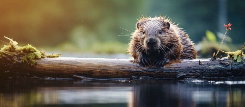 A beaver creating a dam with copy space image.