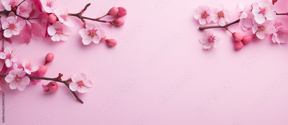 Poster pink plum blossom frame on pastel background signifies the happy women's day concept in a top view f