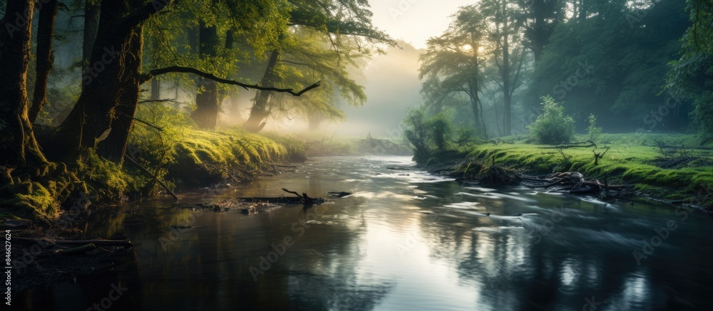 Poster a charming scene of a forest river at sunrise with mist and reflections, creating a serene spring la