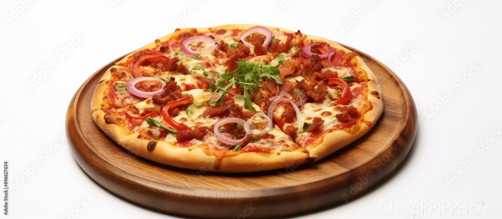 Poster a mouthwatering pizza displayed on a wooden plate with a white background, perfect for showcasing in