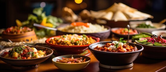 Peruvian cuisine traditional dishes are beautifully displayed on a buffet lunch table with an...