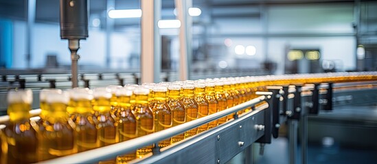 A beverage factory production line with a conveyor belt holding bottles illustrates the food and drink manufacturing process with copy space image.