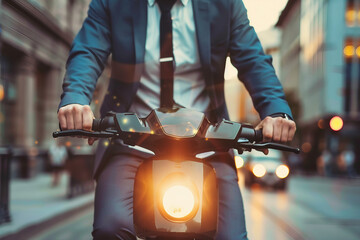 Elegant modern issue person driving to office using ecological transport, minding ecology protection, Generative AI