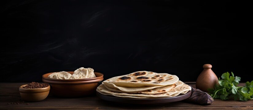 Chapati, bread, and roti arranged on a wooden table, creating an appealing display with copy space image.