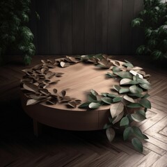 3D rendered circular coffee table with leaves sitting