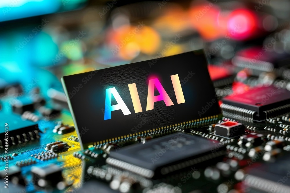 Aufkleber ai chip on a circuit board with vibrant neon lights, representing advanced technology and innovation