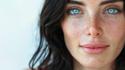 Fototapeta premium A woman with freckles and blue eyes looking at the camera, AI