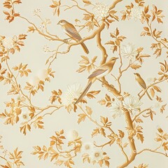 Vintage Chinese chinoiserie botanical watercolor painting drawing of bird and flower branch with gold and beige color theme wall art, background, wallpaper, wall art