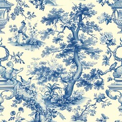 Vintage Chinese chinoiserie botanical watercolor painting drawing of bird and flower branch with blue and white color theme wall art, background, wallpaper, wall art
