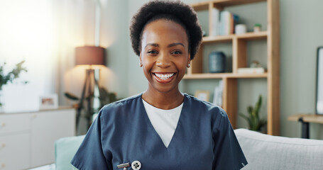 Nurse, caregiver and portrait on sofa with smile in living room, healthcare and medicare worker....