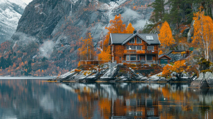 Fototapeta premium Scandinavian house in remote area near the lake of fjord, picturesque fall