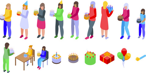 Woman blow candles icons set. People celebrating birthday party holding cake gift box balloon decoration icons set isometric 3d