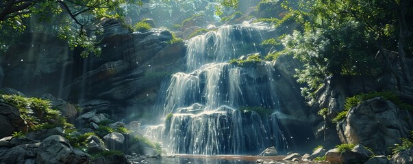 Woodland waterfall cascading down a rocky cliff face, 4K hyperrealistic photo