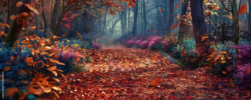 Canvas Prints Autumnal forest path with fallen leaves creating a colorful carpet, 4K hyperrealistic photo