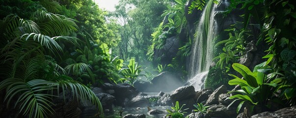 Fototapeta premium Lush rainforest canopy with a hidden waterfall cascading down the rocks, 4K hyperrealistic photo