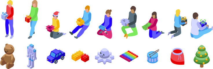 Children opening gifts icons set. People are unpacking or holding gift boxes, children playing with toys, christmas holiday season concept, isometric icons set