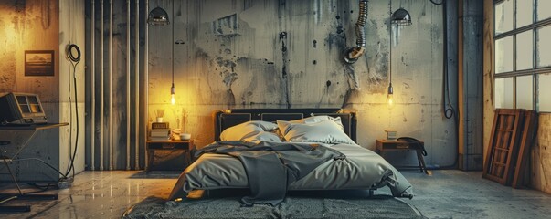 Industrial bedroom with exposed concrete walls, metal furniture, and vintage lighting, 4K hyperrealistic photo
