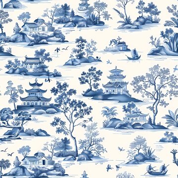 Vintage Chinese chinoiserie botanical watercolor painting drawing of castle and garden with blue and white color theme wall art, background, wallpaper, wall art
