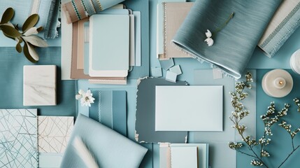 Creative Workspace Interior Design Mood Board with Business Cards Fabric Samples and Paint Chips for Inspiration Professional Design Tools and Materials for Home Decor Projects
