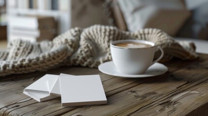 Fototapeta premium Cozy Home Office Rustic Table Blank Business Cards Coffee and Blanket