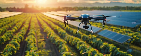 Aerial view of a smart farm with drones monitoring crops, solar panels in the background, vibrant greens, Digital, Futuristic