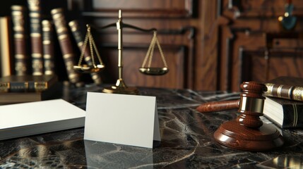 Justice in Business Gavel Scales of Justice and Blank Business Cards in Legal Office Setting