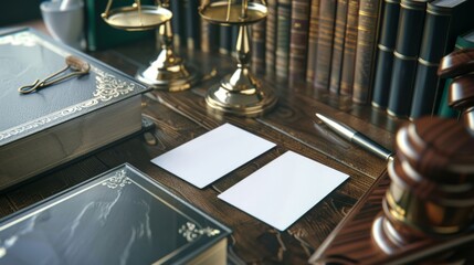 Justice in Business Gavel Scales of Justice and Blank Business Cards in Legal Office Setting