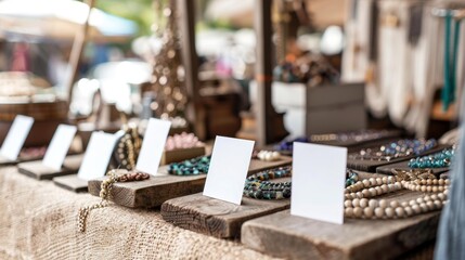 Artisan Showcase Handmade Jewelry and Textiles at Local Craft Fair Blank Business Cards on Stall Table
