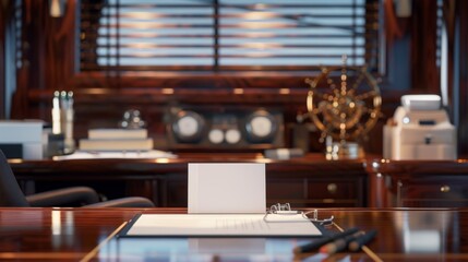 Seafaring Elegance Nautical Broker's Office with Blank Business Cards on Mahogany Desk
