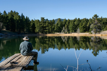 An angler sits patiently on a rustic wooden dock by a tranquil lake, the reflection of the surrounding pine trees shimmering on the water's surface as he waits for a bite under a clear blue sky.