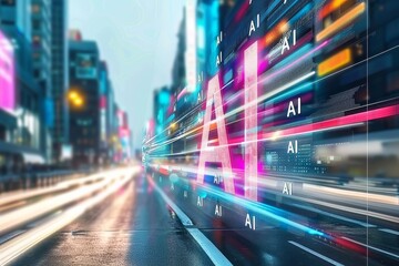 Fototapeta premium AI neon lights in a high speed cityscape, representing advanced technology and artificial intelligence