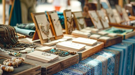 Artisan Showcase Handmade Jewelry and Textiles at Local Craft Fair Blank Business Cards on Stall Table