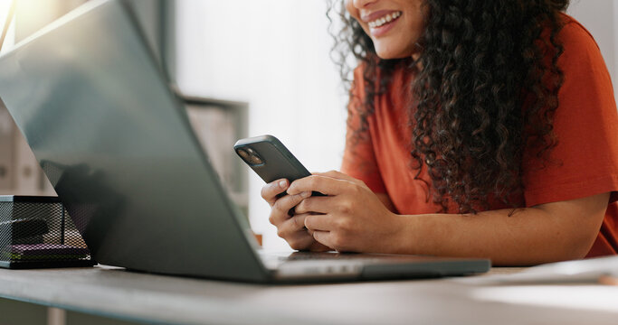 Woman, smartphone and laptop or typing, planning and schedule online appointments for small business. Email, message notification and social media browse with freelancer, mobile app and search