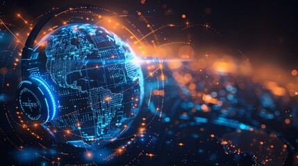 Global Customer Support 3D headset and customer support icons around a globe