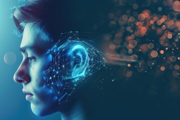 Human ear with sound waves simulation technology. Hearing test, hearing aids, ear disorders
