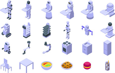 Robot restaurant icons set. Restaurant of the future with robot waiters serving food and drinks to customers