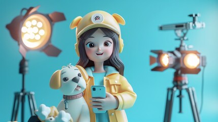 Naklejka premium Cute animated girl with dog on a film set, holding a smartphone, surrounded by studio lights in a cheerful atmosphere. 3D Illustration. Influencer and Petfluencer.