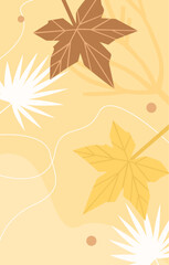 Abstract yellow botanical pattern with autumn leaf, lines and dots vector illustration