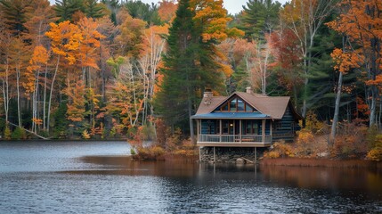 Fototapeta premium Small cozy cabin on the lake surrounded by trees with fall foliage. Perfect for a peaceful retreat or a family vacation.