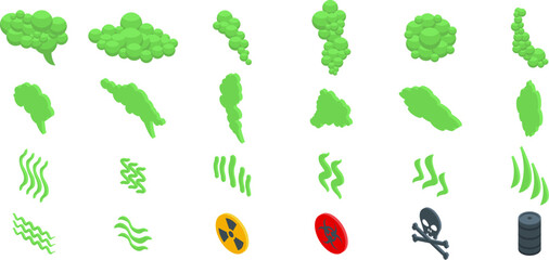 Toxic smoke cloud icons set. Green poisonous gas is spreading, including skull and crossbones, radioactive and biohazard symbols