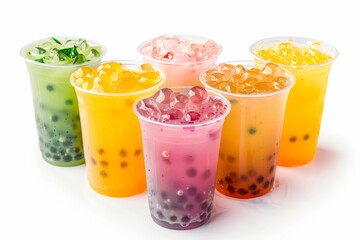 Six colorful bubble tea drinks with boba pearls on white background