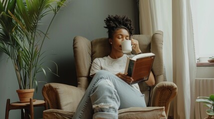 Fototapeta premium A woman is sitting in a chair reading a book while drinking coffee