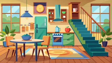 Kitchen interior with furniture and appliances front view. vector illustration night view 